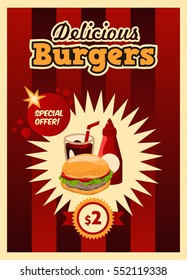 Postcard, poster with fast food. Tasty and appetizing menu. Hamburger, Ketchup, carbonated beverage. The label information. Colorful background.