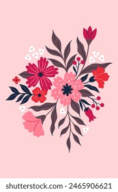 Postcard or poster with a flower bouquet. Vector graphics.