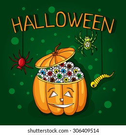 Postcard, poster for Halloween. Holiday magic, spiders, worms, spider webs. Big pumpkin with eyes. Decorative elements.