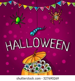 Postcard, poster for Halloween. Holiday magic, spiders, worms, spider webs. The flags for decoration. Decorative elements. Big pumpkin with human eyes.