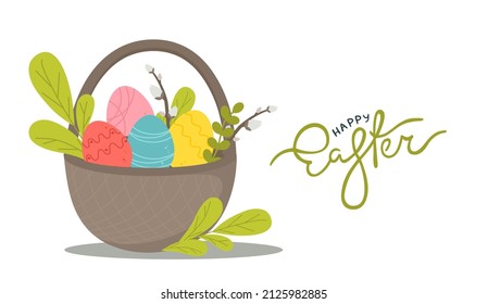Postcard poster for the Happy Easter holiday with eggs, flowers, willow and other attributes.  Vector illustration in a flat style isolated on white background