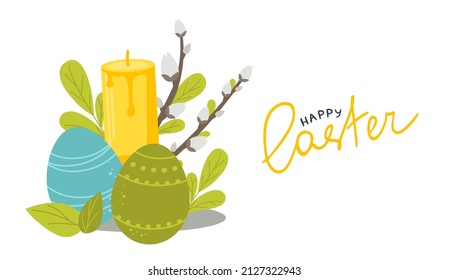 Postcard poster for the Happy Easter holiday with eggs, flowers, willow and other attributes.  Vector illustration in a flat style isolated on white background