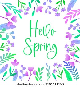 Postal, afiche. Hola primavera. Hermoso fondo con flores. La ilustración vectorial está hecha en un estilo plano.