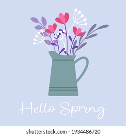 Postcard, poster. Hello spring. Garden watering can with a bouquet. Vector illustration is made in a flat style.