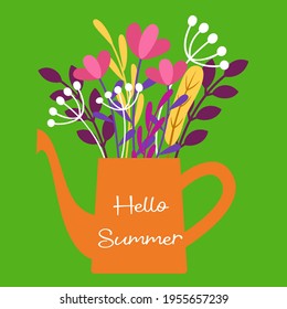 Postal, afiche. Hola verano. Una lata de agua en el jardín con un ramo. La ilustración vectorial está hecha en un estilo plano.