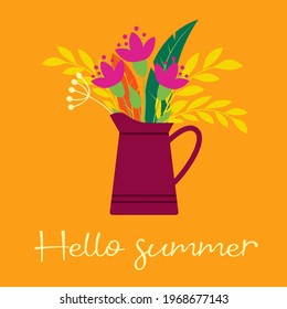 Postcard, poster. Hello summer. Garden watering can with a bouquet. Vector illustration is made in a flat style.