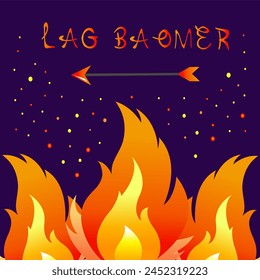 Postcard, poster, invitation for the day of Lag Ba Omer with fire and arrow against the background of the night sky and flying sparks.