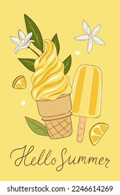 Postcard or poster with lemon ice cream and lemon slices. Vector graphics.