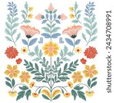 Postcard or poster made from folk art elements. Folk flora and fauna vector illustration isolated on white background. Hand drawn folk flowers. Scandinavian traditional motif