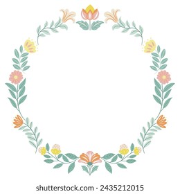 Postcard or poster made from folk art elements. Folk flora and fauna vector illustration isolated on white background. Hand drawn folk flowers. Scandinavian traditional motif