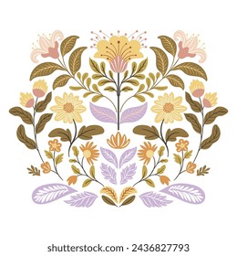 Postcard or poster made from folk art elements. Folk flora and fauna vector illustration isolated on white background. Hand drawn folk flowers. Scandinavian traditional motif