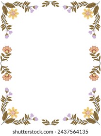 Postcard or poster made from folk art elements. Folk vector illustration, floral frame on white background. Hand drawn folk flowers. Scandinavian traditional motif