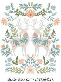 
Postcard or poster made from folk art elements. Folk vector illustration with flowers and deer on a white background. Hand drawn folk flowers. Scandinavian traditional motif