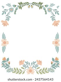 Postcard or poster made from folk art elements. Folk vector illustration, floral frame on white background. Hand drawn folk flowers. Scandinavian traditional motif