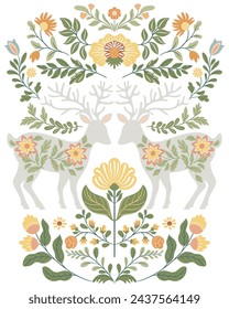 
Postcard or poster made from folk art elements. Folk vector illustration with flowers and deer on a white background. Hand drawn folk flowers. Scandinavian traditional motif