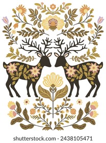 Postcard or poster made from folk art elements. Folk vector illustration with flowers and deer on a white background. Hand drawn folk flowers. Scandinavian traditional motif