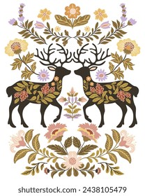 Postcard or poster made from folk art elements. Folk vector illustration with flowers and deer on a white background. Hand drawn folk flowers. Scandinavian traditional motif