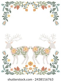 Postcard or poster made from folk art elements. Folk vector illustration with flowers and deer on a white background. Hand drawn folk flowers. Scandinavian traditional motif