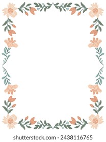 Postcard or poster made from folk art elements. Folk vector illustration, floral frame on white background. Hand drawn folk flowers. Scandinavian traditional motif