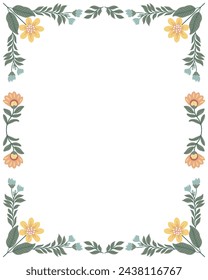 Postcard or poster made from folk art elements. Folk vector illustration, floral frame on white background. Hand drawn folk flowers. Scandinavian traditional motif