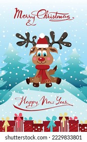 Postcard poster merry christmas and happy new year deer elk character with gift boxes