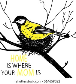 

Postcard, poster. Mothers Day. Mother and children. A bird on a nest.