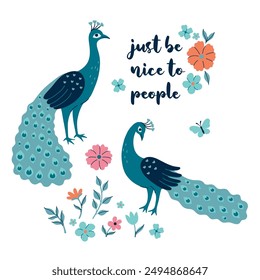 Postcard or poster with peacocks and flowers. Vector graphics.