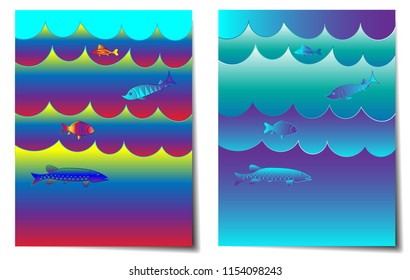 Postcard or poster with a picture of different types of fish in a pond with waves in different colors