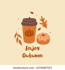 Postcard or poster with pumpkin drink and dessert. Vector graphics.