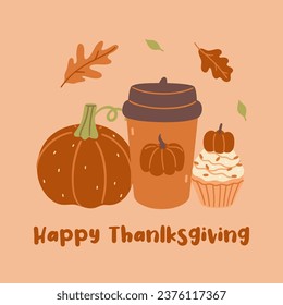 Postcard or poster with pumpkin drink and dessert. Vector graphics.