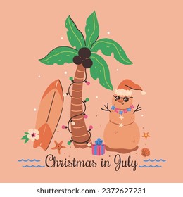 Postcard or poster with a sand snowman, palm tree and surfboard. Vector graphics.