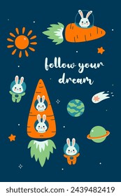 Postcard or poster with space in carrot spaceships. Vector graphics.