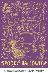Postcard, poster spooky halloween. Festive purple and gold. Vector, doodle, line style.