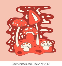 Postcard, poster, sticker, banner with differents red mushrooms with a dark stroke in hippie style on waves background in red colors