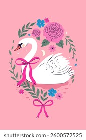 Postcard or poster with a swan and flowers. Vector graphics.