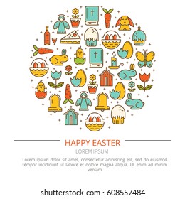 Postcard or poster with the symbols of Easter. Vector illustration with place for your text.