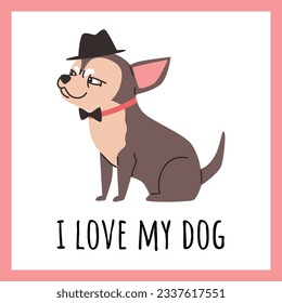 Postcard or poster template with cute little chihuahua dog wearing funny hat and bow tie, flat cartoon vector illustration isolated on white background.