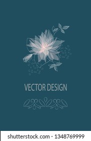 Postcard, poster, template for design, floral background, pink transparent flowers, dark blue background, line art, hand-drawing, vector illustration
