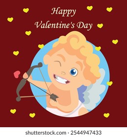 A postcard, a poster for Valentine's Day with Cupid shooting an arrow into the heart. 