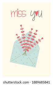 Postcard or poster for Valentine's Day in soft colors. Doodle in cartoon style. Lettering I miss you
