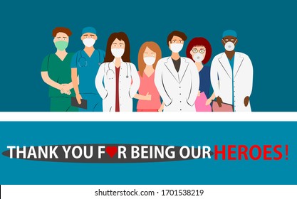 For Postcard or poster.Novel coronavirus (2019-nCoV) concepts. Thank you doctors and nurses fight against to virus. Doctors and nurses wearing uniform and medical mask. Vector illustration.