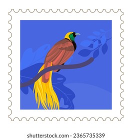 Postcard or postmark with avian animal, exotic or tropical bird with colorful plumage sitting on branch. Postal card or mark with nature, letter and mail correspondence. Vector in flat style