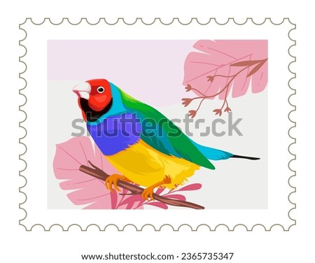 Postcard or postmark with colorful parrot sitting on branch of tree or bush. Exotic and tropical animal with plumage, floral decor. Postal card or mark with nature theme design. Vector in flat style