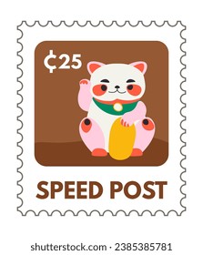 Postcard or postmark with cute neko cat waving paw. Symbol of money, wealth and prosperity. Postal mark or collectible card with price, correspondence and mailing sticker. Vector in flat style