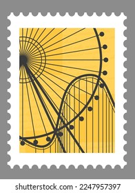 Postcard or postmark with ferris wheel and roller coaster. Attractions and amusement park. Postal mark or card, mailing letter and correspondence. Monochrome sketch outline. Vector in flat style