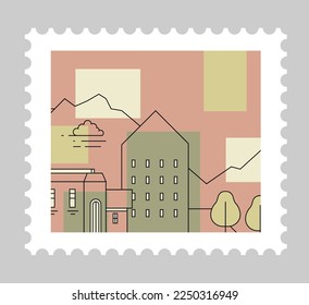 Postcard or postmark with Italian cityscape, architecture and nature landscape mountains. Postage mark or card, mailing letter and correspondence. Monochrome sketch outline. Vector in flat style