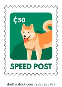 Postcard or postmark with Japanese breed of dog. Speed post with akita inu and price. Mail and delivery. Postal mark or card with price, correspondence and mailing sticker. Vector in flat style