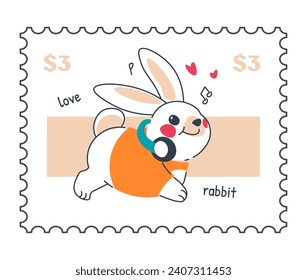 Postcard or postmark for mail correspondence with smiling bunny character with tune and heart icons, cheerful muzzle. Vector in flat style, postal card or sticker with price, mailing service