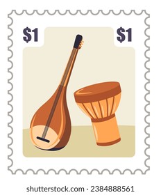 Postal o marca postal con instrumentos musicales de Tailandia. Tambores y cuerdas tailandeses para composiciones y canciones. Marca postal o tarjeta postal con precio, correspondencia y autoadhesivo. Vector de estilo plano