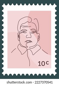 Postcard or postmark with price, portrait of famous person. Male character portrayal in line art. Postal mark or cart, stamp for letter communication and correspondence. Vector in flat style